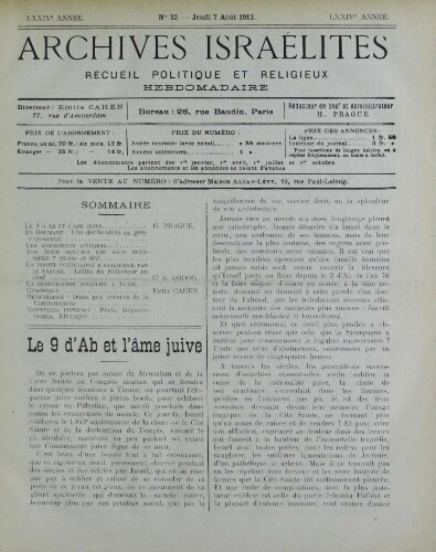 Archives israélites de France. Vol.74 N°32 (07 août 1913)